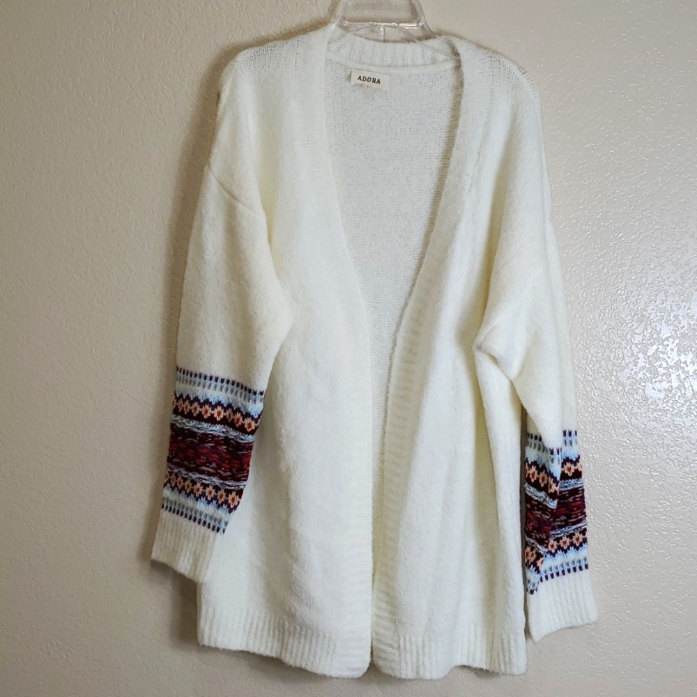 Adora Women's Open Front Long Fair Isle Cardigan Large Off White Winter